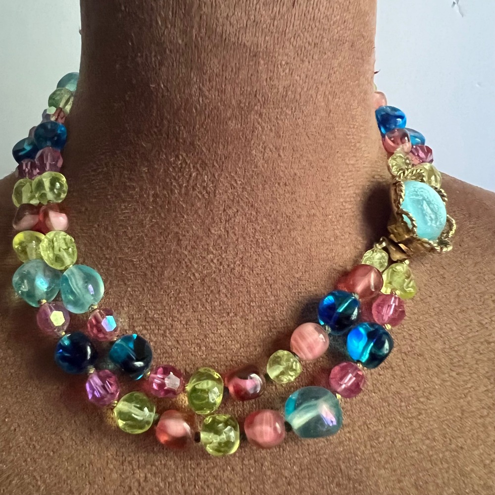 Vintage Style Multi Color Double Strand Glass Beaded Necklace 16 Inch Maximalist